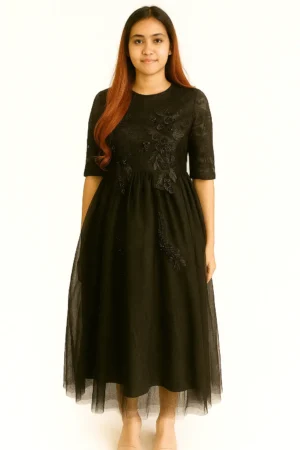 Dres Brokat Hitam Elegant 3D Floral