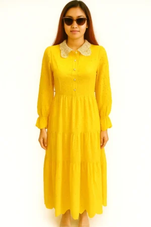 Gaun Terusan Kuning Motif Lubang (Broderie)