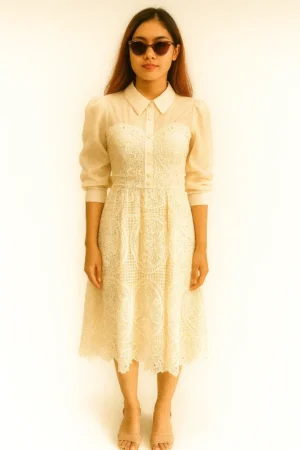 Dress Midi Cream Brokat Motif Vintage