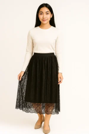 Rok Renda Hitam Midi Asimetris