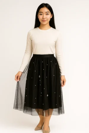 Rok Tulle Hitam Mutiara Bunga Midi