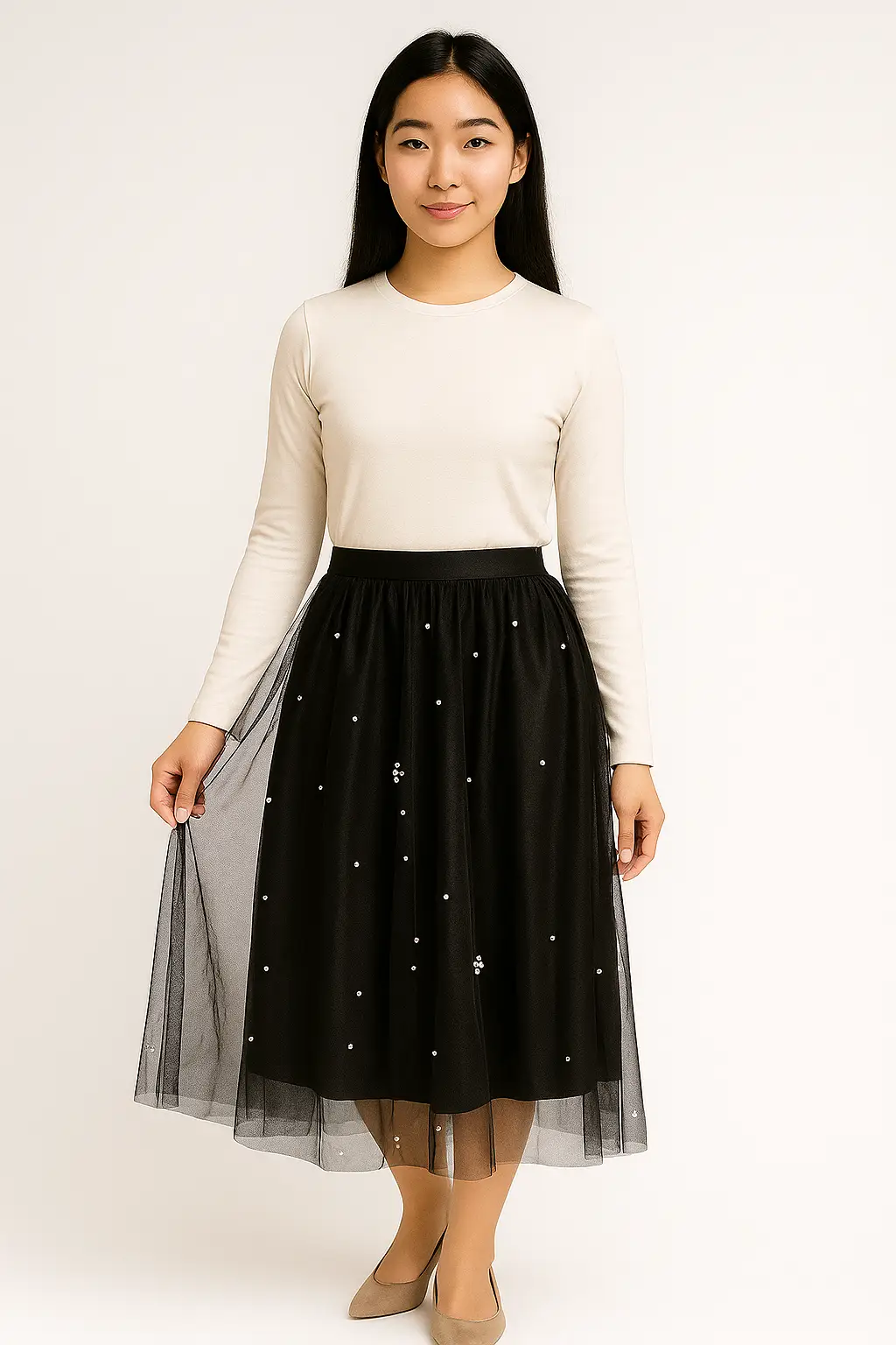 Rok Tulle Hitam Mutiara Bunga Midi