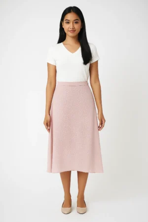 Rok Midi A-Line Pink Motif Bunga Halus