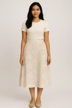 Rok Midi A-Line Krem Motif Polkadot Mini