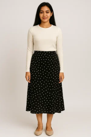 Rok Midi Hitam Motif Polkadot Putih