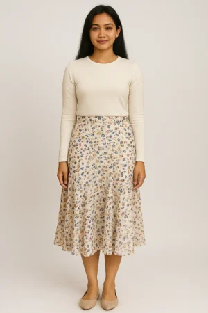 Rok Midi Cream Motif Bunga Kecil