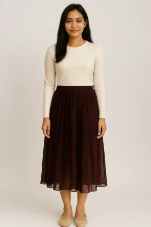 Rok Midi Maroon Motif Leopard