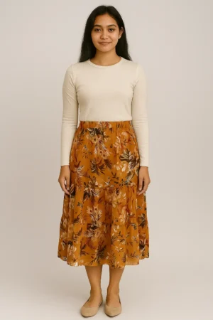 Rok Midi Motif Bunga Mustard Bertingkat