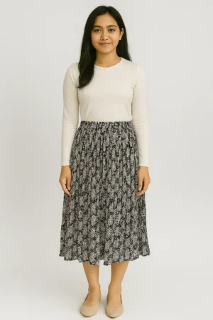 Rok Plisket Midi Motif Bunga Navy
