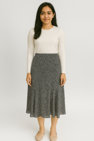 Rok Midi Ruffle Motif Bunga Hitam