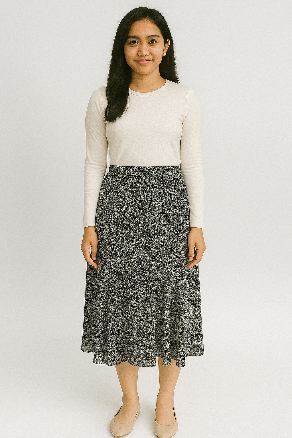Rok Midi Ruffle Motif Bunga Hitam