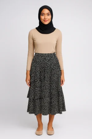 Rok Midi Bertumpuk Motif Polkadot Hitam Putih