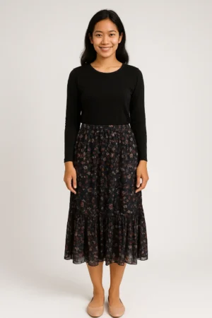 Rok Plisket Motif Bunga Kecil Navy