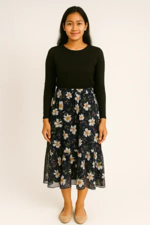 Rok Chiffon Motif Bunga Daisy Navy
