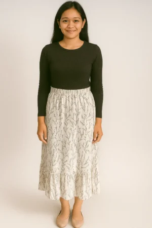 Rok Plisket Balon Krem Motif Doodle Bunga