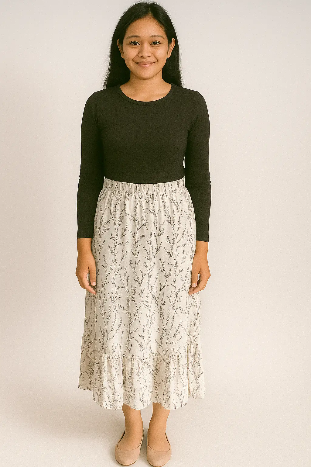 Rok Plisket Balon Krem Motif Doodle Bunga