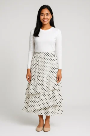 Rok Ruffle Polkadot Putih Bertingkat