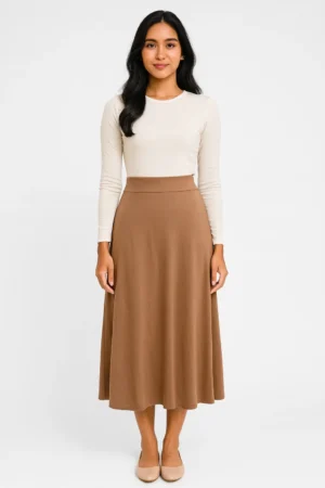 Rok A-line Midi Pinggang Tinggi Warna Cokelat Karamel