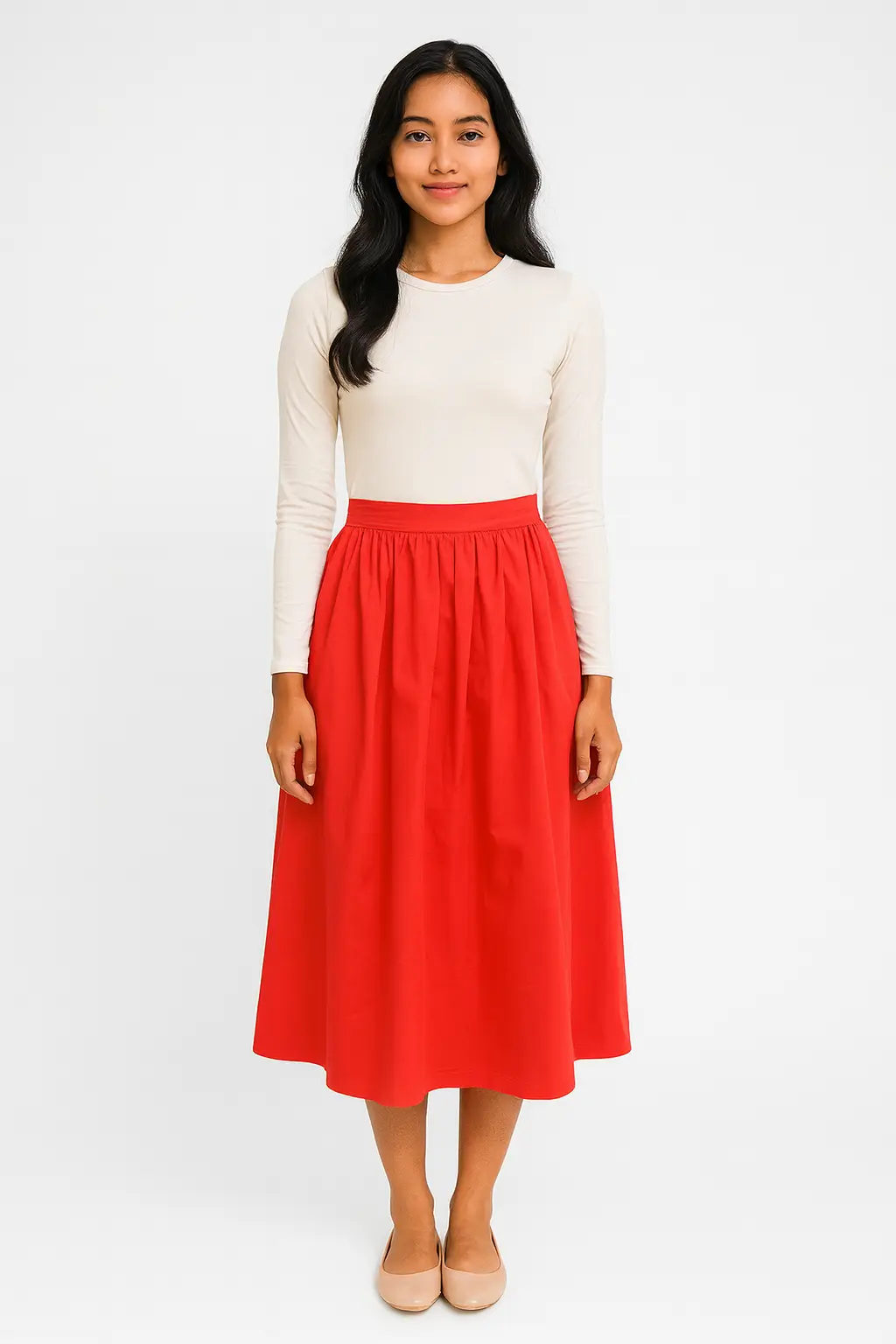 Rok Midi A-line Pinggang Karet Warna Merah Terang