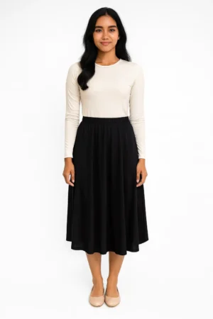 Rok A-line Midi Pinggang Karet Warna Hitam