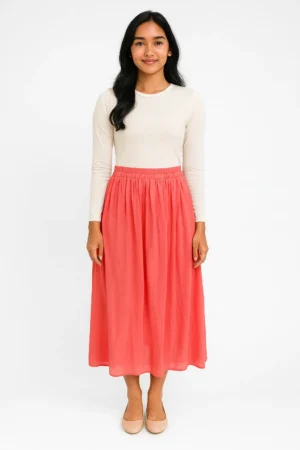 Rok Maxi Flowy Pinggang Karet Warna Coral