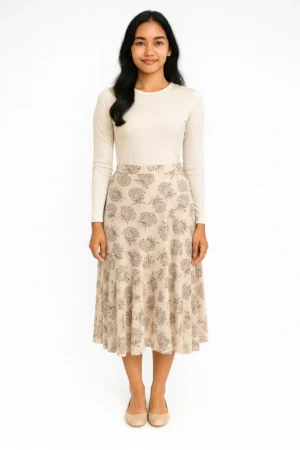 Rok Midi A-line Motif Bunga Vintage Warna Beige
