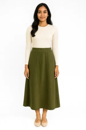 Rok A-line Midi Pinggang Tinggi Warna Hijau Zaitun