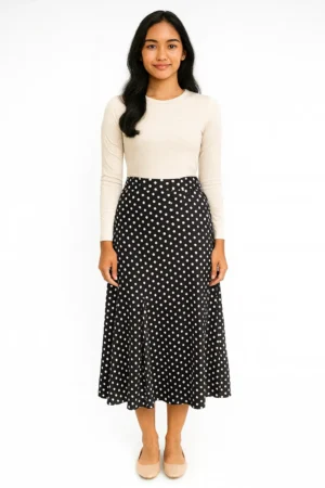 Rok Midi A-line Motif Polkadot Hitam Putih
