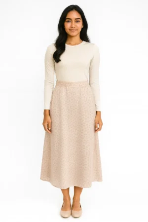 Rok Midi A-line Motif Bunga Kecil Warna Nude Beige