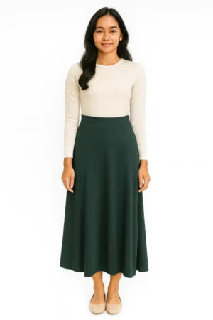 Rok Maxi A-line Pinggang Tinggi Warna Hijau Botol