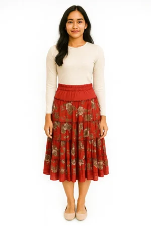 Rok Midi Bertingkat (Tiered) Motif Bunga Warna Merah Bata