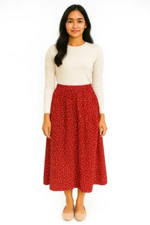 Rok Midi A-line Motif Bintik Kecil (Ditsy) Warna Merah