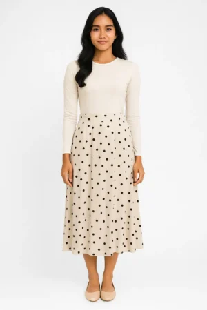 Rok Midi A-line Motif Abstrak Warna Putih Gading