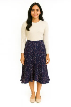 Rok Midi A-line Motif Abstrak Marmer Warna Navy