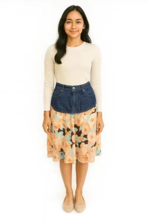 Rok Midi Kombinasi Denim Motif Bunga