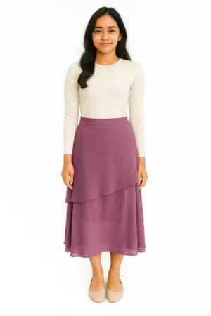 Rok Midi Chiffon Layer Asimetris Warna Ungu Mauve