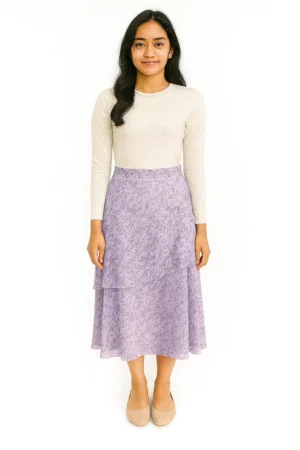 Rok Midi Layer Motif Abstrak Warna Ungu Lilac