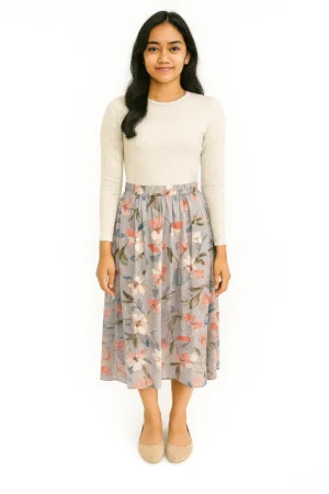 Rok Midi A-line Motif Bunga Warna Abu-abu
