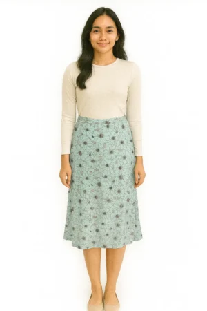 Rok Midi A-line Motif Bunga Abstrak Warna Hijau Mint