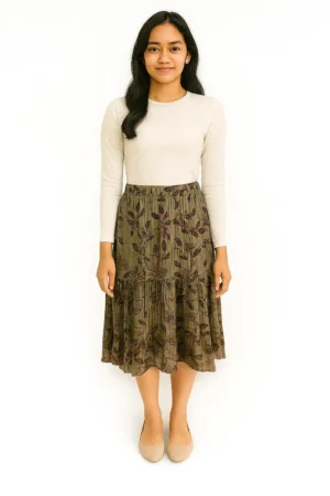 Rok Midi Bertingkat Plisket Motif Daun Warna Hijau Zaitun