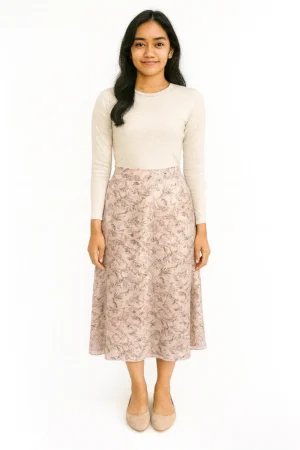 Rok Midi A-line Motif Marmer Warna Beige Muda