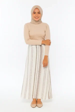 Rok Maxi A-line Motif Garis Etnik Putih