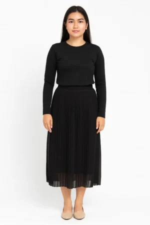 Classic Black Pleated Chiffon Midi Skirt
