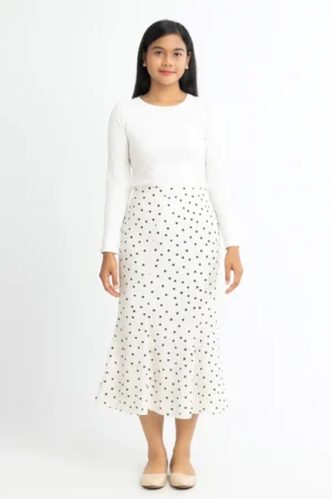 Ivory Polka Dot Flared Midi Skirt