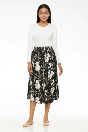 Black & White Botanical Print High-Waist Midi Skirt