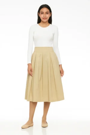 Beige High-Waist Pleated A-Line Midi Skirt