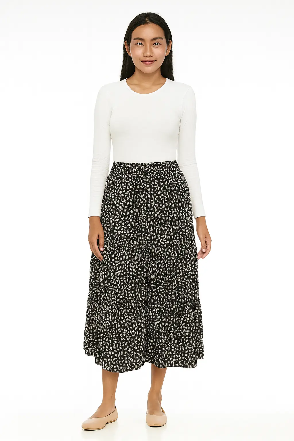 Rok Midi Tiered Motif Abstrak Hitam