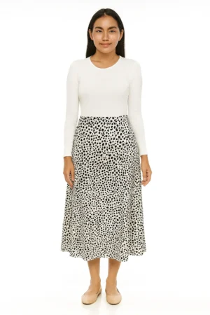 Rok Midi A-Line Motif Totol Hitam Putih