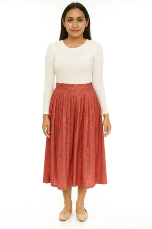 Rok Midi Flowy Motif Bunga Merah Bata