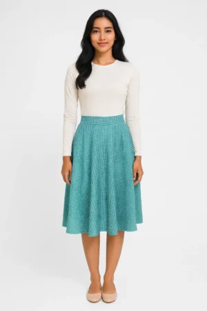 Rok Midi A-Line Kotak Gingham Hijau Toska
